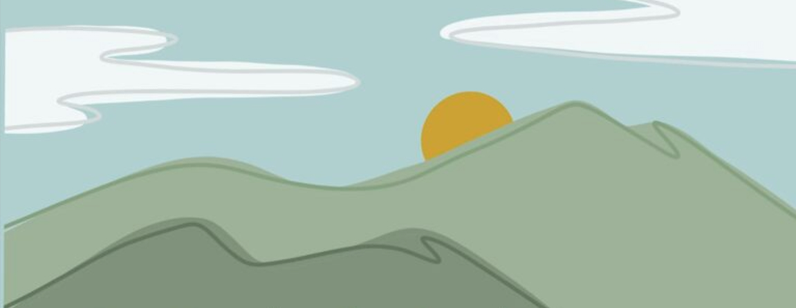 Simple illustration of a sunset behind mountains with clouds in the sky.